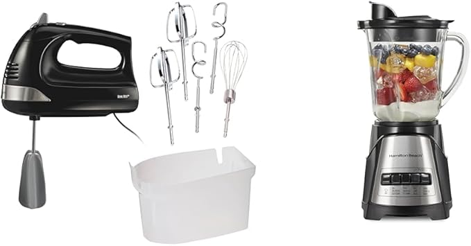 Hamilton Beach 6-Speed Hand Mixer with Storage Case Whisk &amp Hooks Bundle with 40oz Wave Action Blender
