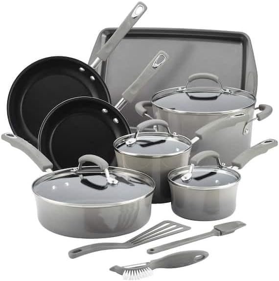 For 14 Piece Aluminum Nonstick Cookware Set in Sea For Gray