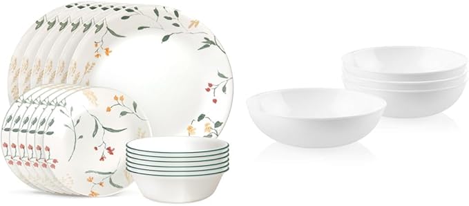 Corelle 18 Piece Wildflower Glass Dinnerware Set Service for 6 &amp 4 Piece White Glass Meal Bowl Set Service for 4