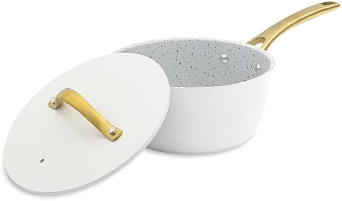 12-Piece Nonstick Pots and Pans Set – Heavy-Duty Aluminum Titanium Nonstick Induction Compatible Oven Safe Cookware Set with Lids &amp Protectors – Premium Kitchen Set (White/Gold)