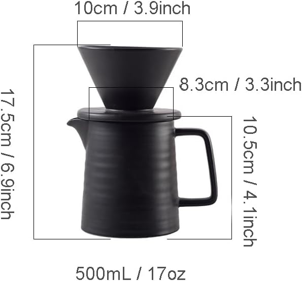 BeeCa Premium Black Ceramic Pour Over Coffee Maker Set 17oz/500ml V60 Brewer Retains Optimal Heat &amp Flavor Includes Paper Filters Home Office Cafe Multi-Serving
