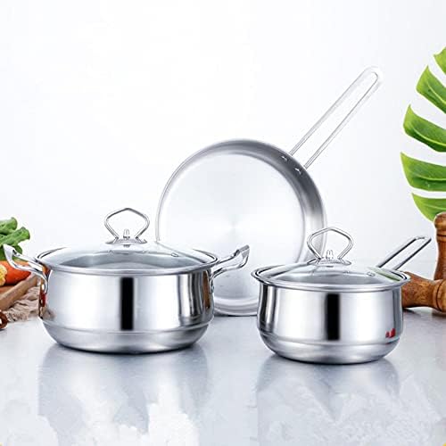 Cookware 3pcs Stainless Steel Cookware Set Flat Bottom Frying Pan Soup Pot Milk Pot Kit (Color : Argento)
