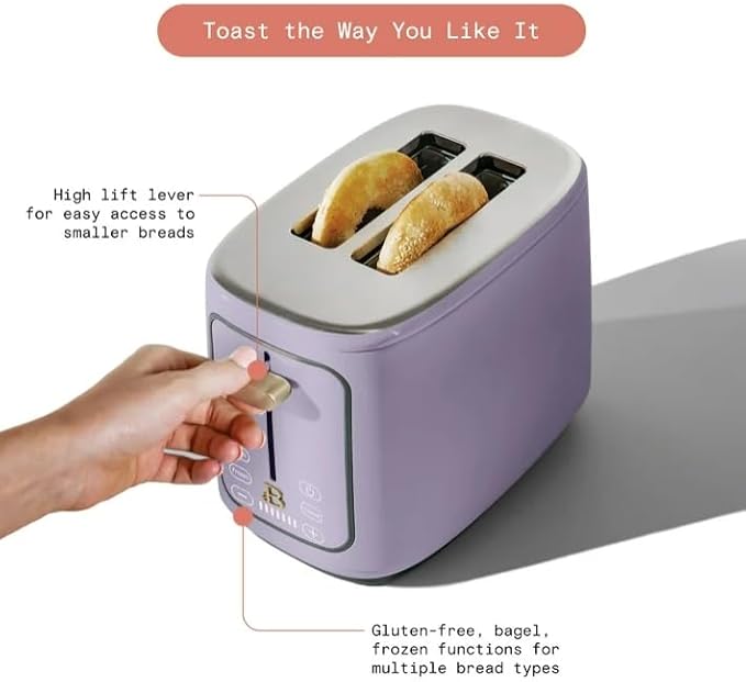 Beauti 2 Slices Toaster with Touch Activated Display 900 W Bagel/Frozen/Reheat Presets Wide Slots Easy Cleaning (Lavender)