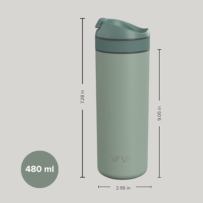 VIVA Recharge Mint Insulated Tea &amp Coffee Mug &amp Travel French Press Coffee Maker 16 oz Brew &amp Drink From the Same Coffee Mug On the Go or Camping