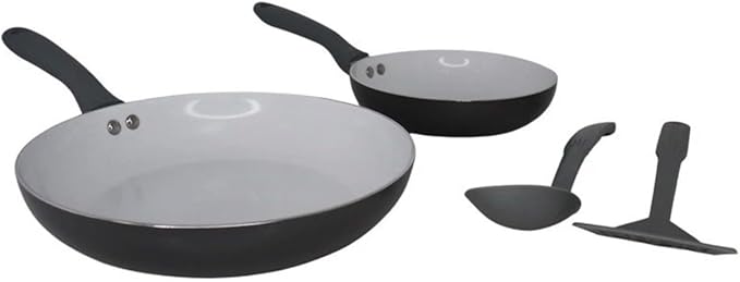 Nonstick Ceramic Cookware Set 4-Piece Fry Pans with Turner and Spoon Black Kitchen Tools
