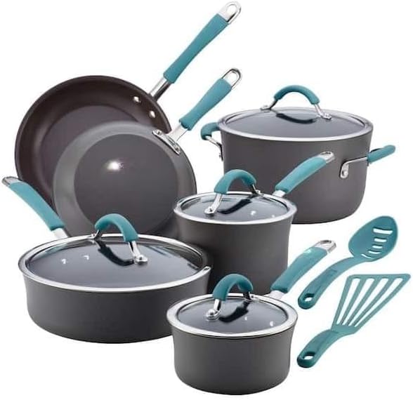 For 12-Piece Hard-Anodized Aluminum Nonstick Cookware Set in Agave Blue and Gray