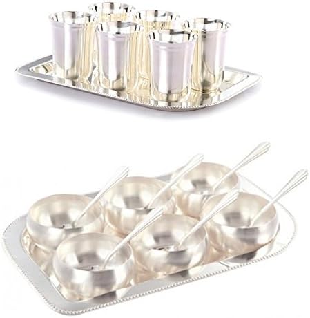 Samyuktha Silver Plated Six Glass/Tray and Six Manchurian Bowl/Spoon-Tray Combo Dinnerware Items Dinnerware Set 300 ML