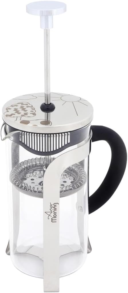 Any Morning French Press Coffee and Tea Maker Borosilicate Glass Coffee Press Stainless Steel Filter Durable and Heat Resistant Silver (600 ml 20 oz 2 Cup)
