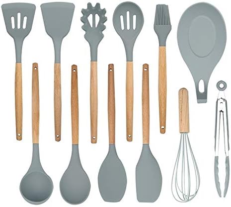 12-Piece Silicone Wood Handle Heat-Resistant Cooking Cutlery Set - Grey