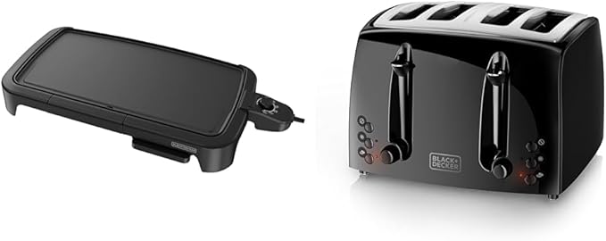 BLACK+DECKER Family-Sized Electric Griddle with Warming Tray &amp Drip Tray GD2051B &amp 4-Slice Toaster Extra-Wide Black TR1410BD10.91x11.54x7.71