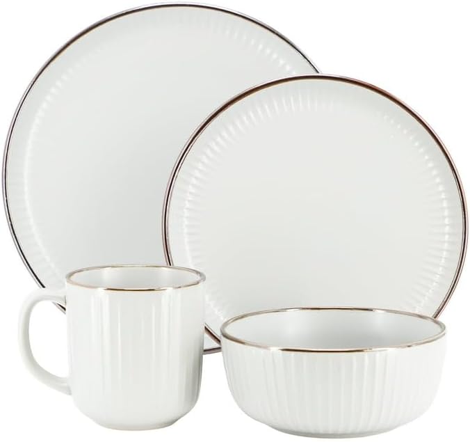16 Piece White Stoneware Dinnerware Set – Microwave &amp Dishwasher Safe Plates Bowls and Mugs for 4 (White)
