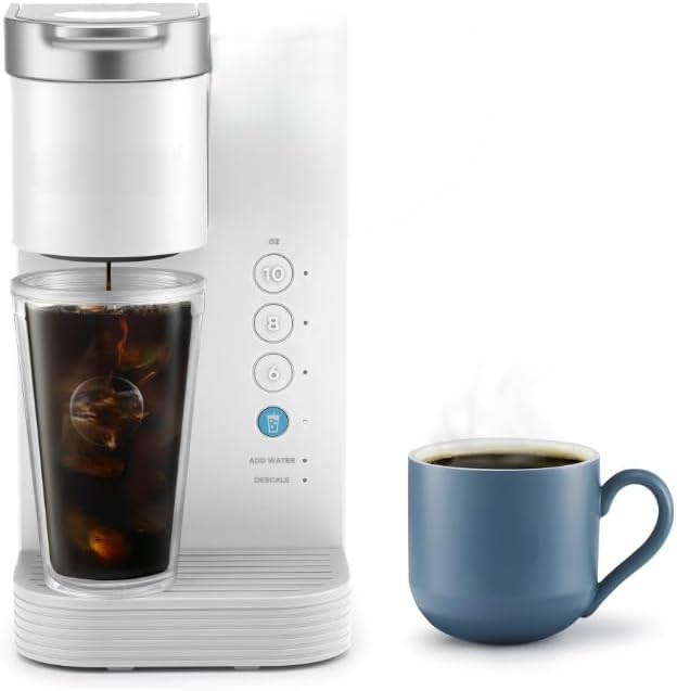 KeurigK K- Express Essentials Plus Iced and Hot Single Serve K Cup Pod Coffee Maker Versatile Brewing (6 8 10oz) 36 oz removable water reservoir (White)