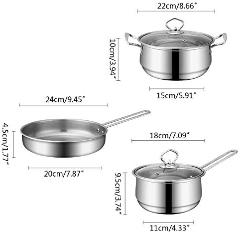 3pcs Stainless Steel Cookware Set Flat Bottom Frying Pan Soup Pot Milk Pot Kit Great for Gas Stove Induction Cooker Electric Furnace etc(Style Two)