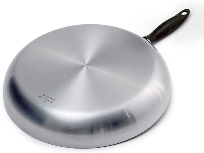GreenPan Venice Pro Noir Tri-Ply Stainless Steel Healthy Ceramic Nonstick 12 Frying Pan Skillet with Lid Matte Black Handle PFAS-Free Multi Clad Induction Dishwasher Safe Oven Safe Silver