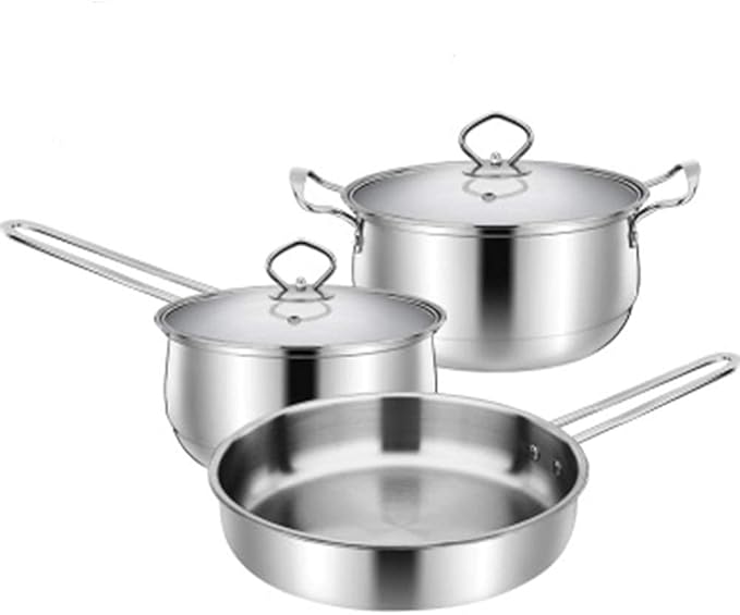 Equip Frying Pan and Saucepan Set 3PieceNon Stick Ceramic CoatingStainless Steel Material with Tempered Glass CoverFrying PanSoup PotWokEasy to Clean Omelette Pans