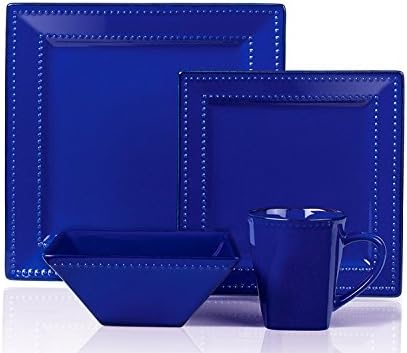 16 Piece Square Beaded Stoneware Dinnerware Set Blue