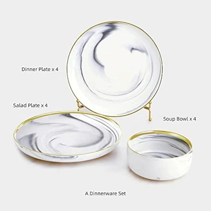 12 Piece Marble Porcelain Round Stoneware Dinner Dish Sets Dinnerware Plates and Bowls for 4