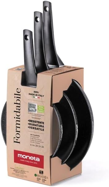 Moneta Formidabile Stone Set of 3 Non-Stick Frying Pans 20-24-28 cm Also for Induction 100% Made in Italy Black Set of 3 Frying Pans 20 – 24 – 28 cm Black