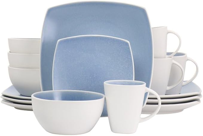 Modern Matte Glaze Square Dinnerware Set - 16 Piece Stoneware Service for 4 Dishwasher &amp Microwave Safe Teal Finish (Light Blue)