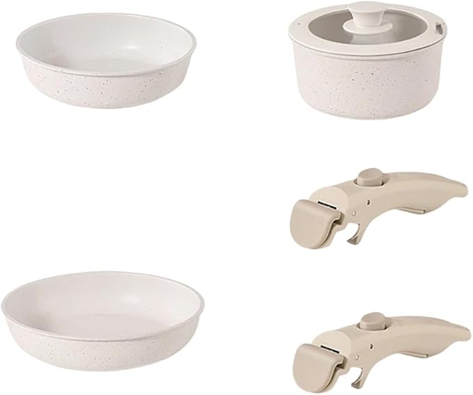 Frying Pots and Pans Set Nonstick Cookware Set with Removable Handles Induction Rv Kitchen Set with Removable HandlesWhiteThreePiece Set-5pcs-Three-piece Set