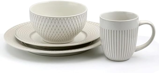 16 Piece Round Stoneware Dinnerware Set in Embossed Dish Set Household Plate Dish Ceramic Bowl Cutlery Combination