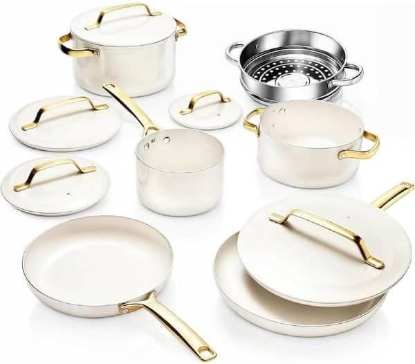 For Modern 11-Piece Aluminum Ultra Performance Ceramic Nonstick Cookware Set in Cream