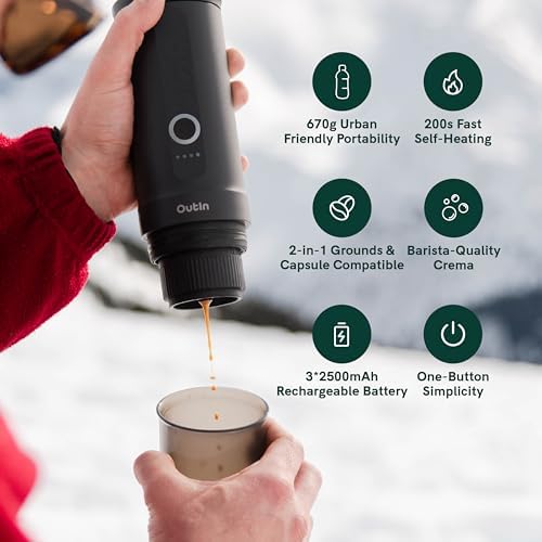 OutIn Nano Portable Electric Espresso Machine with Fino Portable Electric Coffee Grinder White &amp Forest Green