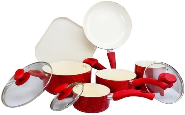 For 9-Piece Aluminum Nonstick Cookware Set in Red Speckle
