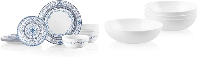 Corelle Portofino Round Dinnerware Set for 6 | Service for 6 18 Piece Set | Triple Layer Strong Glass is Resistant to Chips and Cracks &amp White Meal Bowls for Pasta Salad and More | 4 Pack 46 O