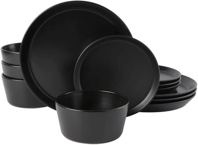 12 Piece Classy Black Dinnerware Sets Service For 4 | Dishwasher Microwave Oven Safe Stackable Chip &amp Scratch Resistant Contemporary Look Durable Stoneware Kitchen Bright Blackish Color Cool