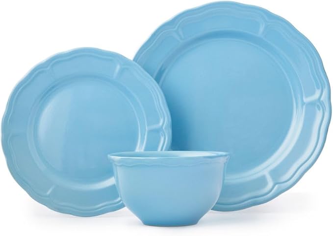 Godinger Madison Blue Stoneware 12-Piece Dinnerware Set – Classic Glazed Plates and Bowls Service for 4 Microwave &amp Dishwasher Safe
