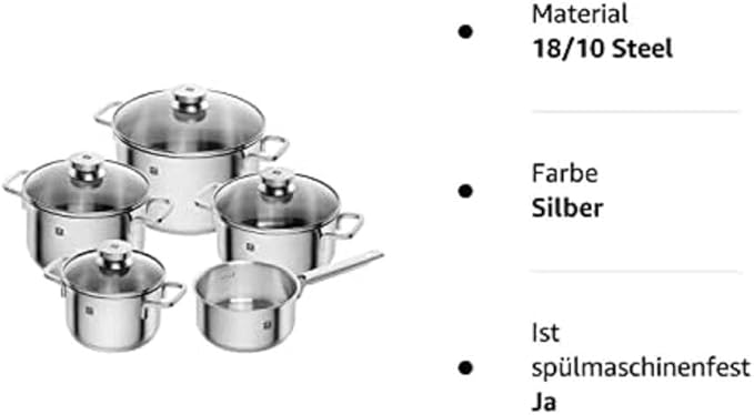 Zwilling Focus 5-Piece Saucepan Set Glass Lids Suitable for Induction Cookers Rust-Free 18/10 Stainless Steel