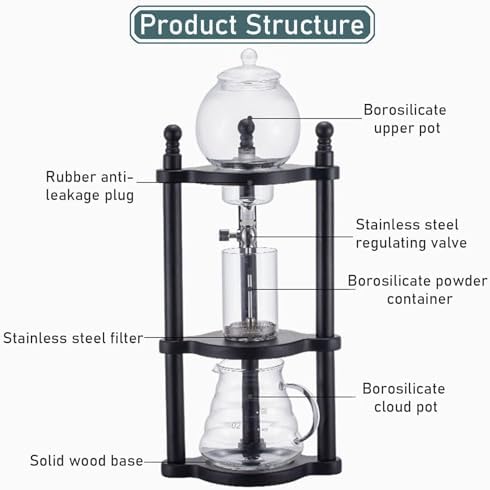 Cold Brew Drip Tower Iced Drip Coffee Maker Cold Brew Dripper Pot Cold-Drip Coffee Tower Ice Coffee Machine Wooden Glass 600ml(A)