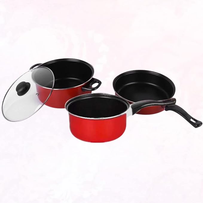 UPKOCH 3pcs Non-stick Cookware Set Red Multi-functional Frying Pan Soup Pot Milk Pan for Home Cooking Easy to Use Kitchen Utensils for