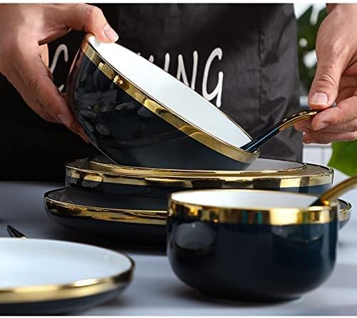 Ceramics Dinnerware Sets with Golden Rim Blue Porcelain Bowls and Plates Sets Round 26 Pieces Stoneware Dishes Set for 6 Ceramic Dinner Sets for Parties Wedding Housew