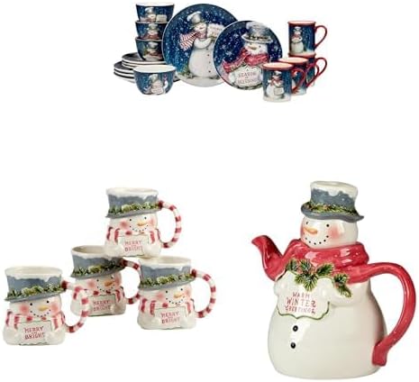 Certified International Snowman Greetings Ceramic 16pc Dinnerware Set Service for 4 and 3-D Mugs and 3-D Teapot