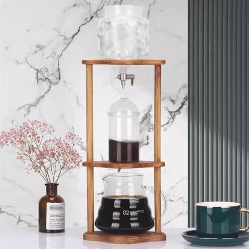 Cold Brew Drip Tower Ice Drip Coffee Maker Capacity Cold Brew Coffee or Iced Tea Maker Portable Iced Coffee Cold Brew Drip Tower with Adjustable Water Flow Wooden Bracket for Home Offi