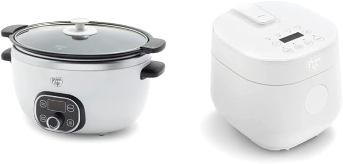 GreenLife Cook Duo Healthy Ceramic Nonstick 6QT Slow Cooker White &amp Healthy Ceramic Nonstick 4-Cup Rice Oats and Grains Cooker PFAS-Free Dishwasher Safe Parts White