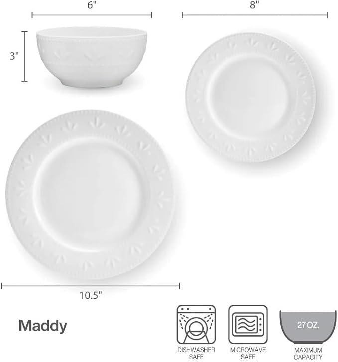 12-Piece Dinnerware Set Embossed Porcelain Plate Dessert Bowl Mug Dinner Plates