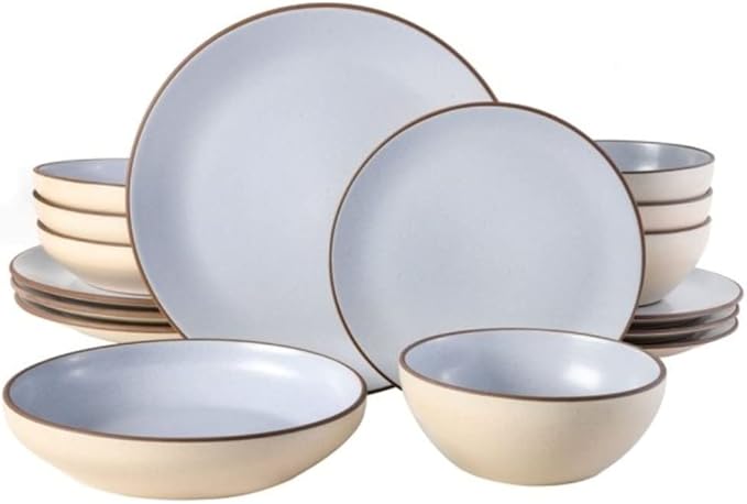 Sleek &amp Artistic 16 Piece Elegant 2 Toned Rustic Dinnerware Set for 4 | Matte Glaze Finish With Striking Detail Light Blue/Beige Color Smooth Textured |Microwave &amp Dishwasher Safe Luxury Appea