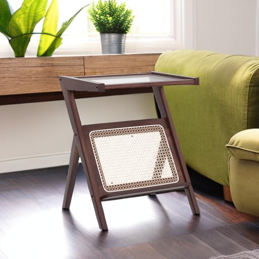 Tiita Rattan Nightstand Side Table Bamboo Accent Bedside Tables Glass Coffee Tables Boho Wooden End Table with Storage for Small Space Living Room and Bedroom