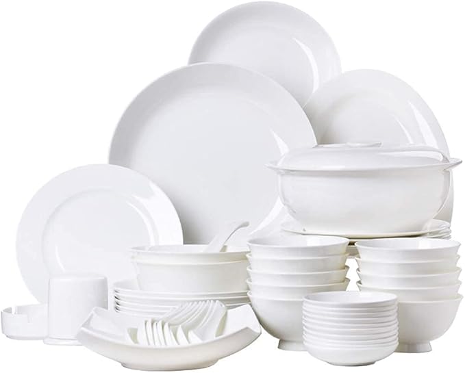 Ceramics Dinnerware Set with 48-PieceBowl/Stockpot/Dish/Spoon|Bone China Dinner SetsPorcelain Combination Set Pure White