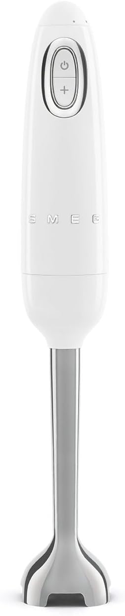 SMEG Handheld Immersion Blender with Beaker Chopping Bowl w/Lid Wire Whisk 5 Speed Controls made with Stainless Steel Blades and Ergonomic Design (White)