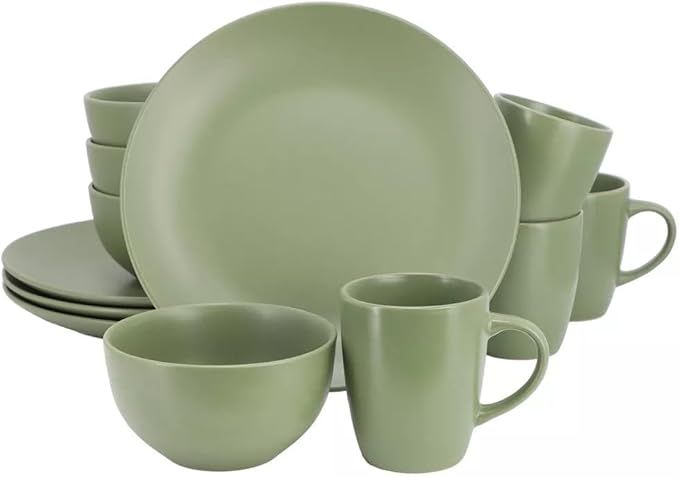 12 Piece Stoneware Dinnerware Set – Round Plates Bowls &amp Mugs for 4 Dishwasher &amp Microwave Safe Modern Matte Finish (Green)