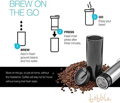 bobble French Coffee Presse On-The-Go use Quick Brew Slim Design Triple Wall Insulation 14 oz (Blue)
