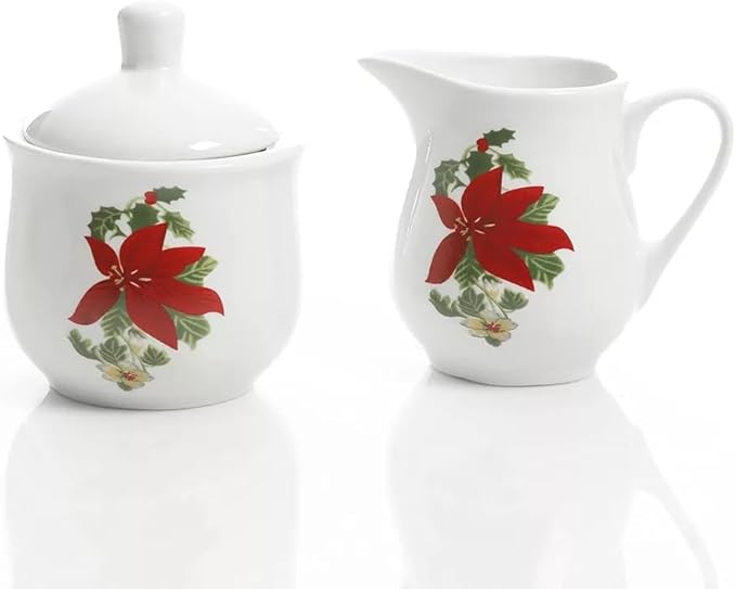 Poinsettia 7 Piece Porcelain Serving Set in Red – Christmas Dinnerware with Holiday Plates Creamer &amp Sugar Bowl Microwave &amp Dishwasher Safe