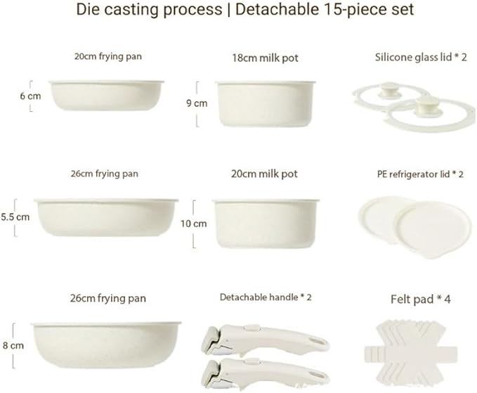 Easy to clean 15PCS Detachable Handle Cookware Set Non Stick Pans Woks Soup POTS Kitchen