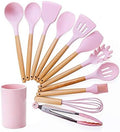 Kn082 9 in 1 Wooden Handle Silicone Kitchen Tool Set with Storage Bucket(Black) Cookware Set Cookware Picnic Boiler Cookware (Color : Pink)