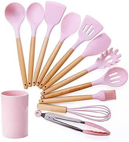 Kn082 9 in 1 Wooden Handle Silicone Kitchen Tool Set with Storage Bucket(Black) Cookware Set Cookware Picnic Boiler Cookware (Color : Pink)