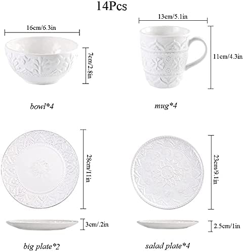 Ceramic Dinnerware Set 14 PCS Plates Set Dishes Set White Underglaze Dinner Sets - Retro Embossed Dinner Plate Soup Plate with Floral Pattern for Family Part